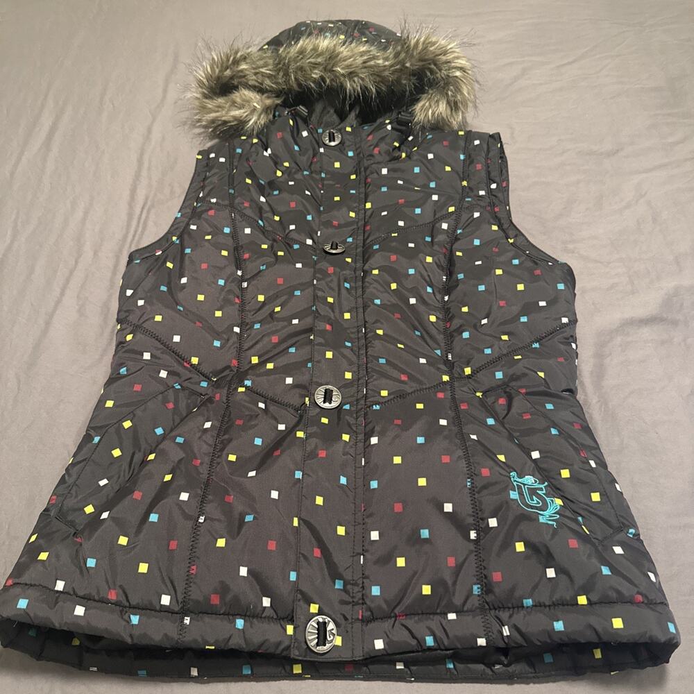 Burton Women's Vest Dryride Winter Faux Fur Hooded Black Zip Pockets Size M